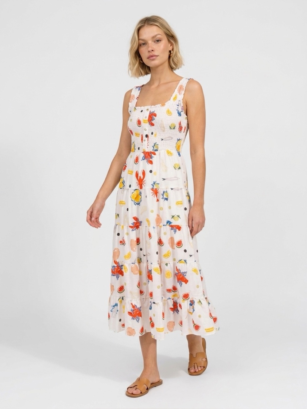 Women’s White Tiered Sundress with Colorful Seafood Print